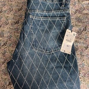 Zara Blue High Rise Jeans with Diamond crystal stitching Pattern